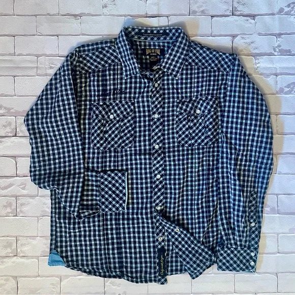 Ring of Fire Navy and White Plaid Shirt Size L - Picture 2 of 6